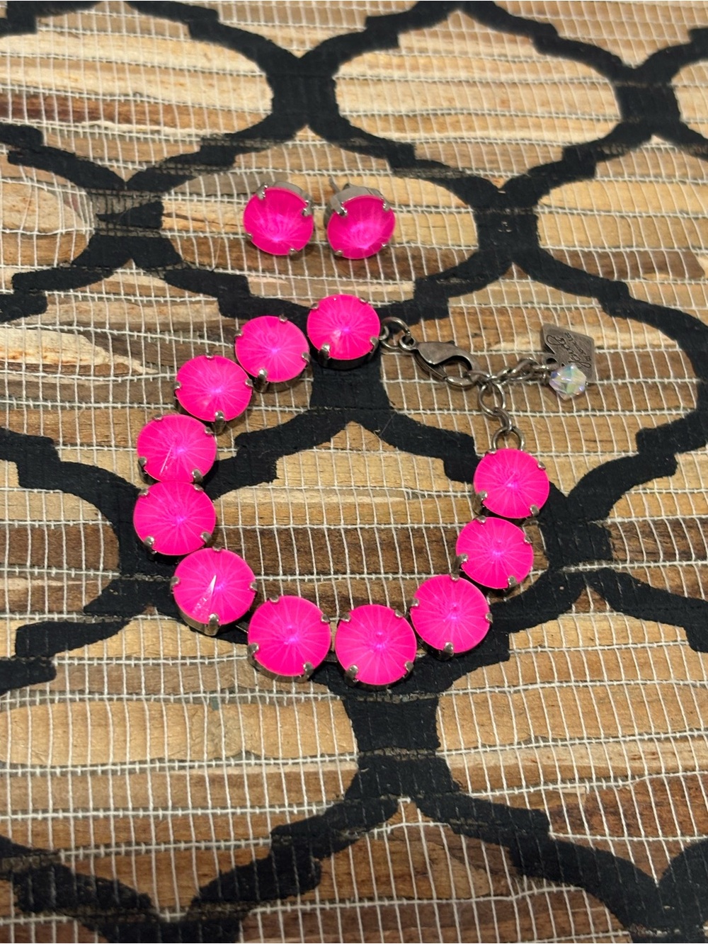 Neon Pink Crystal Tennis Bracelet and Earring Set